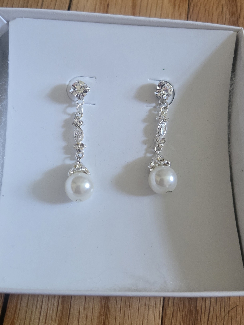 Pearl Drop Dangle Earrings with Crystal Accents - White